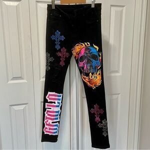 GFTD Los Angelas Stylish Black Printed Distressed Women's Button Fly Jeans